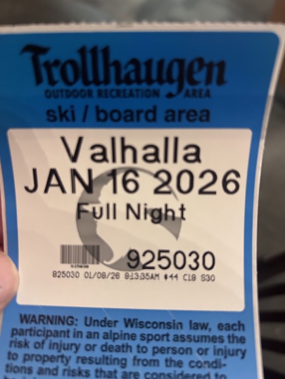 A Trollhaugen lift ticket reading Valhalla, JAN 16 2026, Full Night.