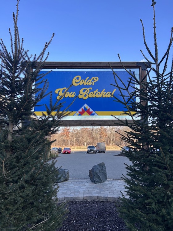 A blue and gold sign at Wild Mountain reading Cold? You Betcha!, framed by two spruces with the car park behind.